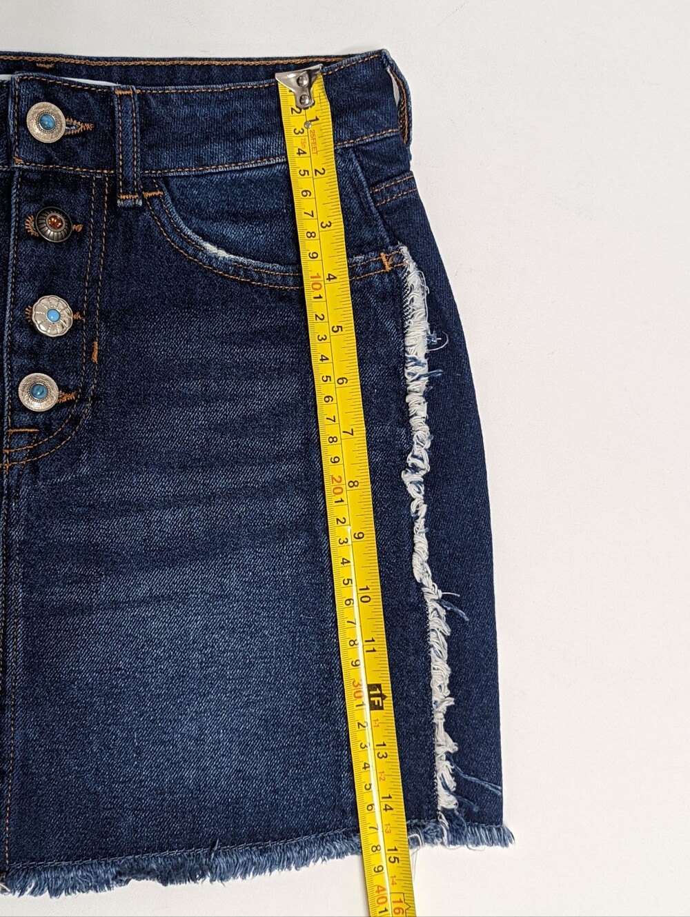 ZARA Z1975 DENIM Distressed Blue Jean Mini Skirt Frayed With Gem Buttons Size XS - Picture 9 of 12